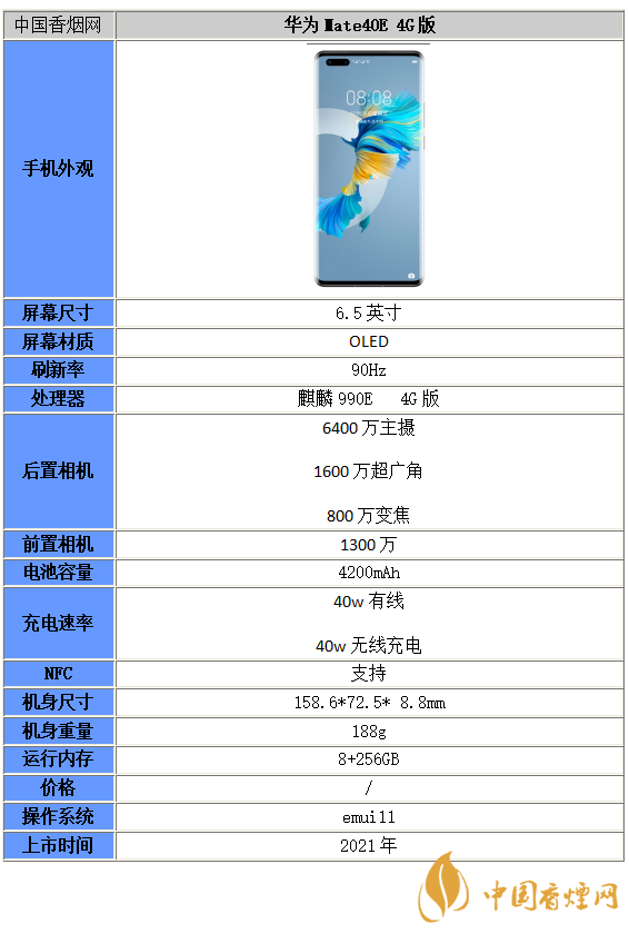 華為mate40e參數-華為mate40e4G版參數配置一覽